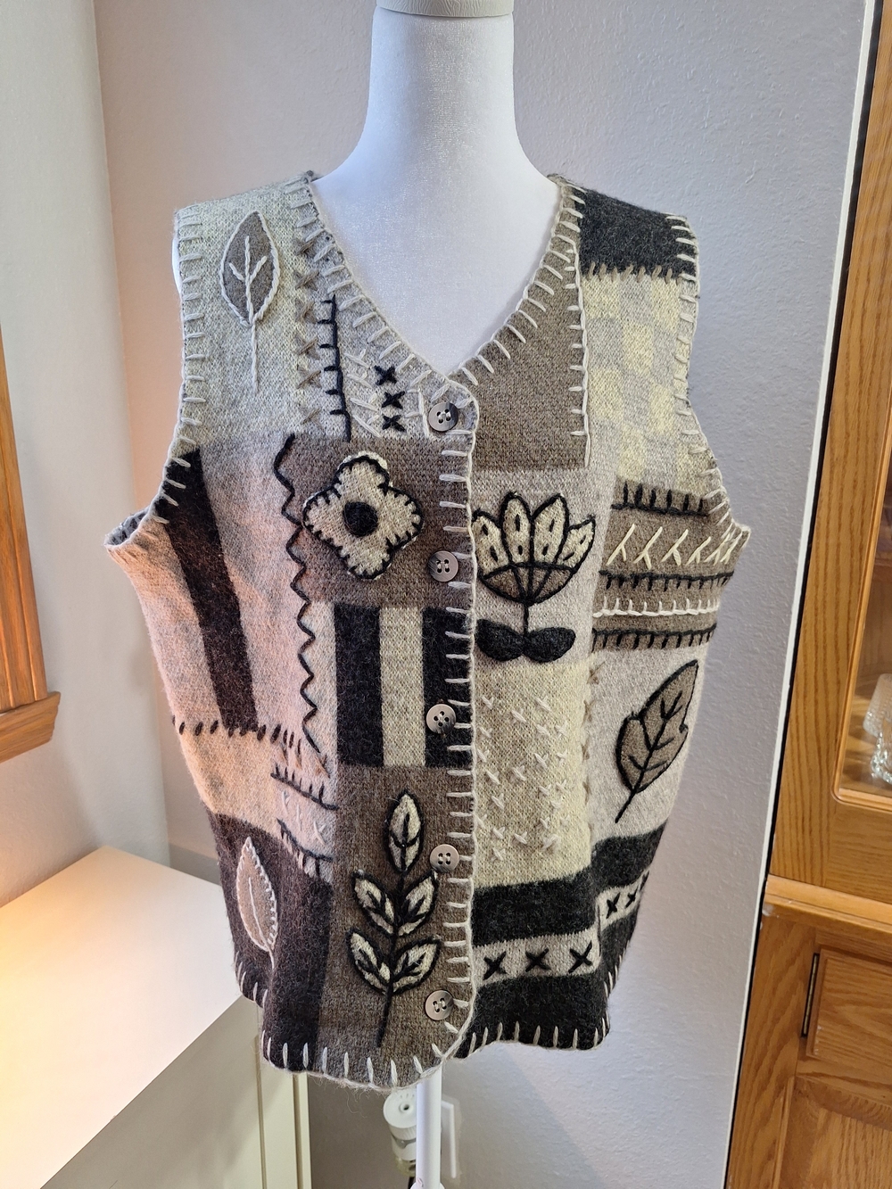 Christopher & Banks Neutral Patchwork Floral Embroidered Button Vest